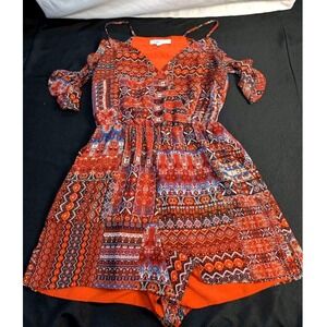 BCBGeneration~Romper~Burnt Orange Multi Boho/Cold Shoulder/Geometric Print~Small